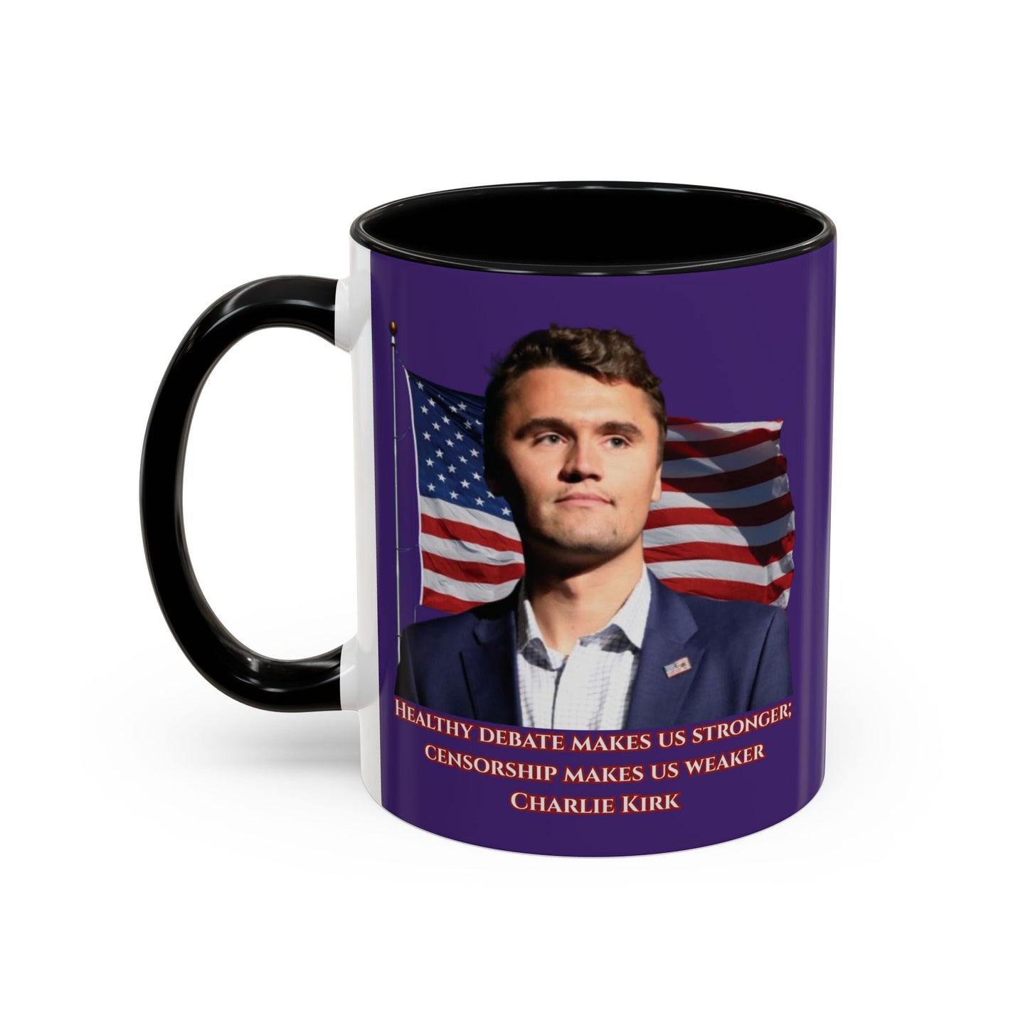 Charlie Kirk, Healthy Debate Purple Accent Mug by theGreenDragonTavern.shop