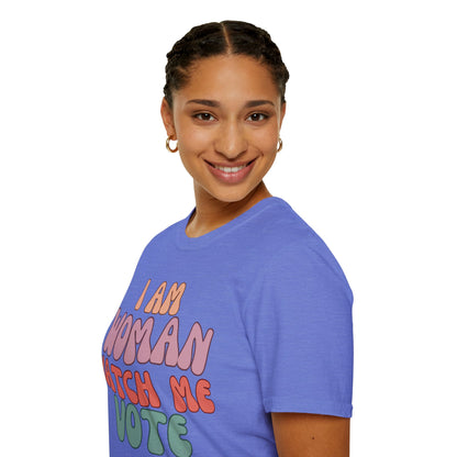 2-sided, I Am Woman Watch Me Vote Light colors Unisex T-Shirt by theGreenDragonTavern.shop