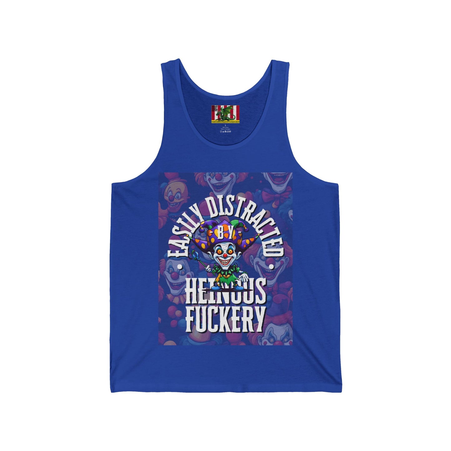 Easily Distracted by Heinous Fuckery Little Jincs Unisex Jersey Tank Top by theGreenDragonTavern.shop