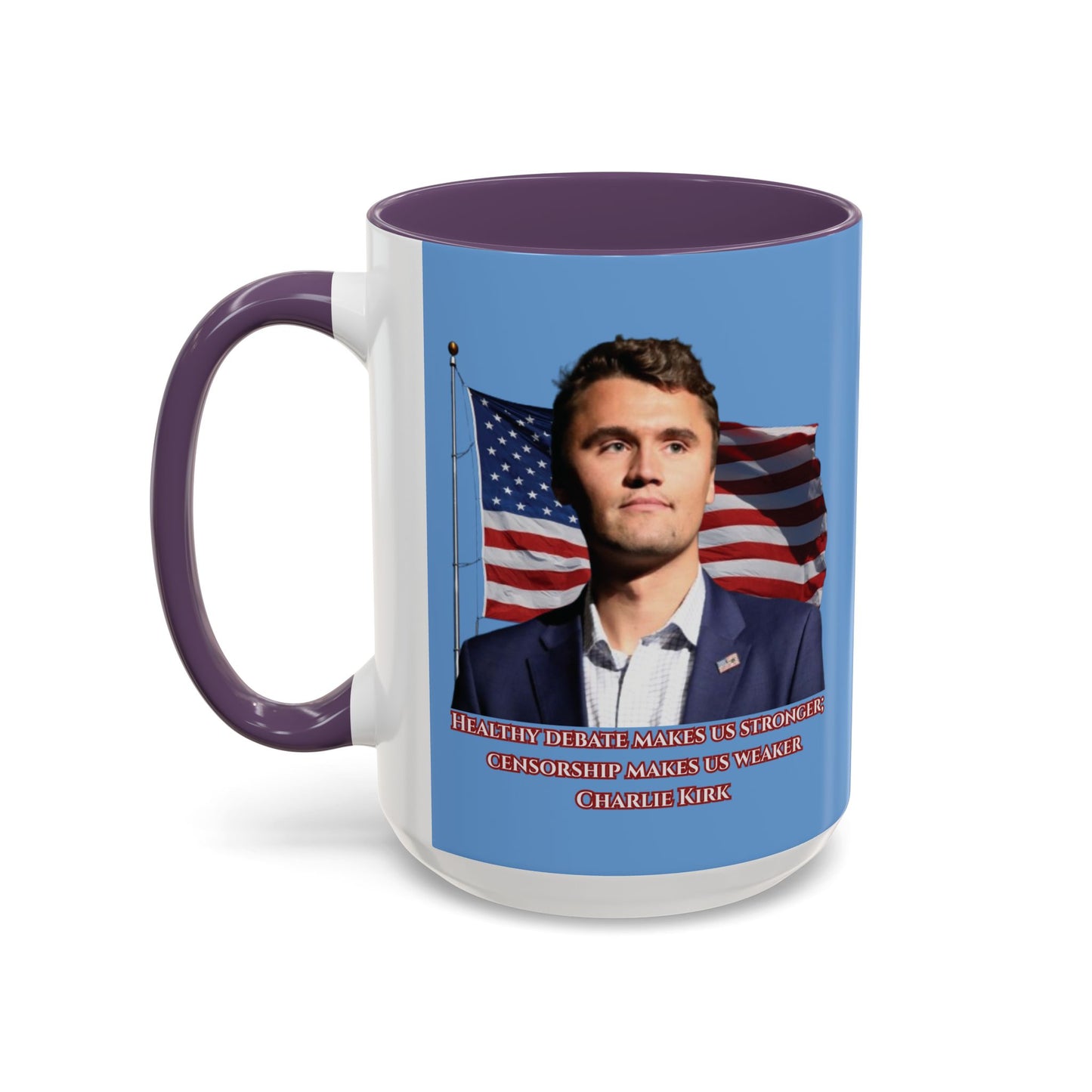Charlie Kirk, Healthy Debate Light Blue Accent Mug by theGreenDragonTavern.shop