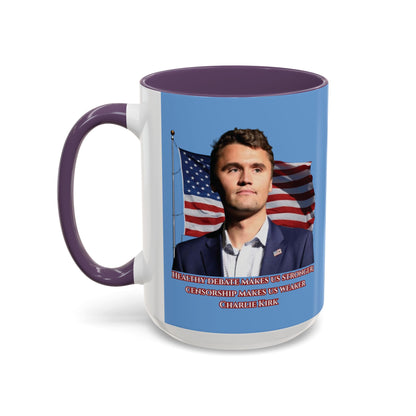 Charlie Kirk, Healthy Debate Light Blue Accent Mug by theGreenDragonTavern.shop