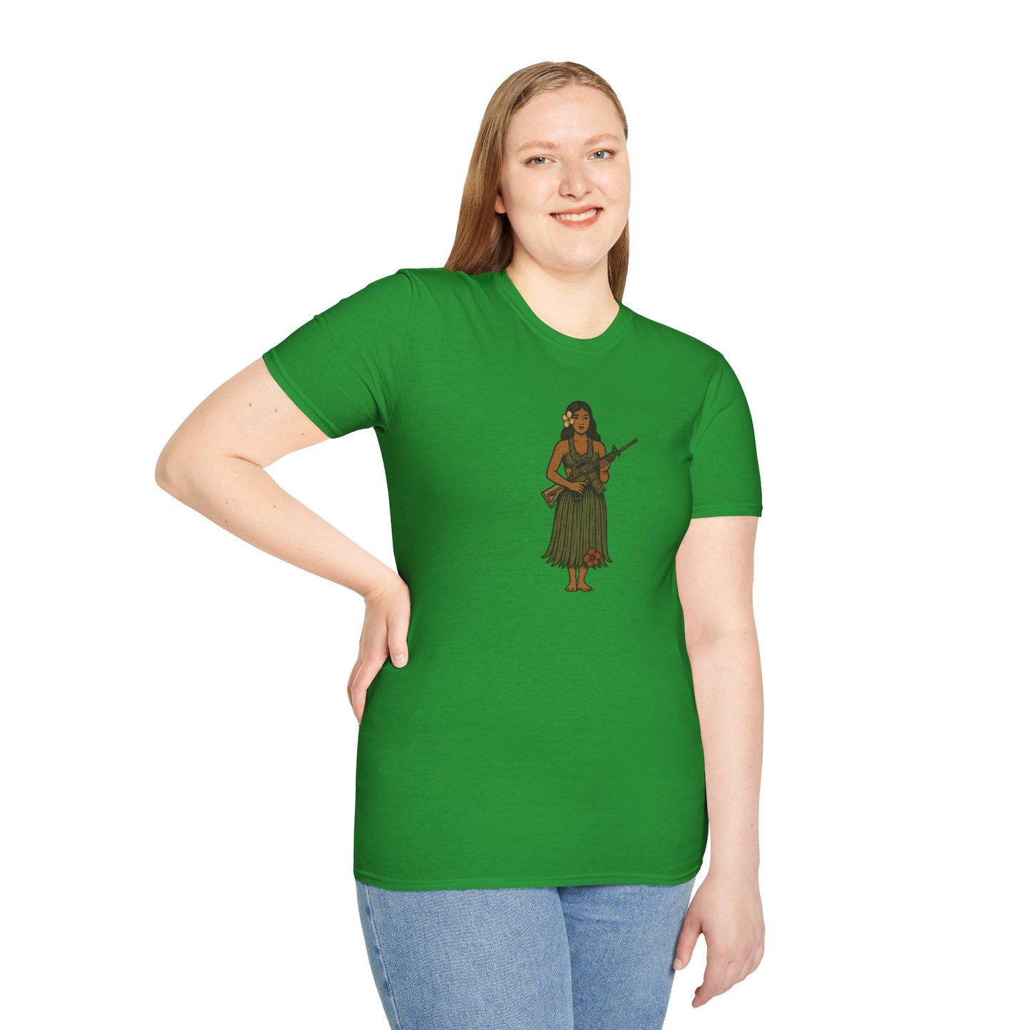 2-sided, Hula Girl Packin' Heat Dark colors Unisex T-Shirt by theGreenDragonTavern.shop