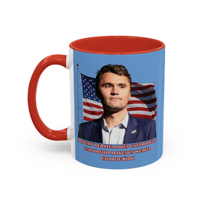 Charlie Kirk, Healthy Debate Light Blue Accent Mug by theGreenDragonTavern.shop