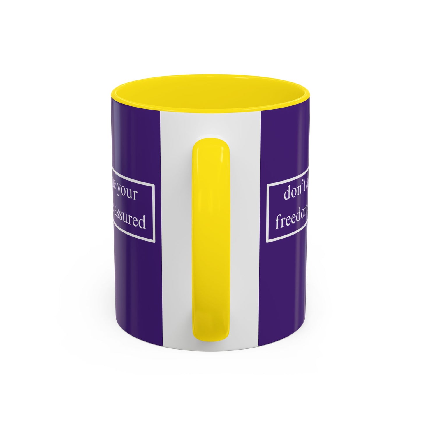 don't assume your freedoms are assured White font Dark Purple Accent Mug by theGreenDragonTavern.shop