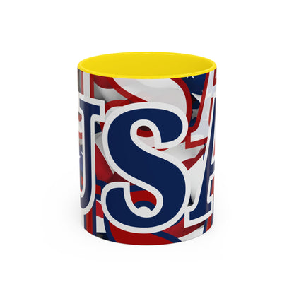 USA! USA! USA Blue font Patriot White Accent Mug by theGreenDragonTavern.shop