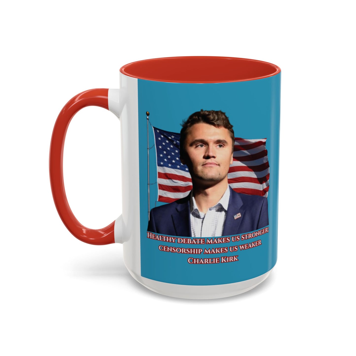 Charlie Kirk, Healthy Debate Turquoise Accent Mug by theGreenDragonTavern.shop