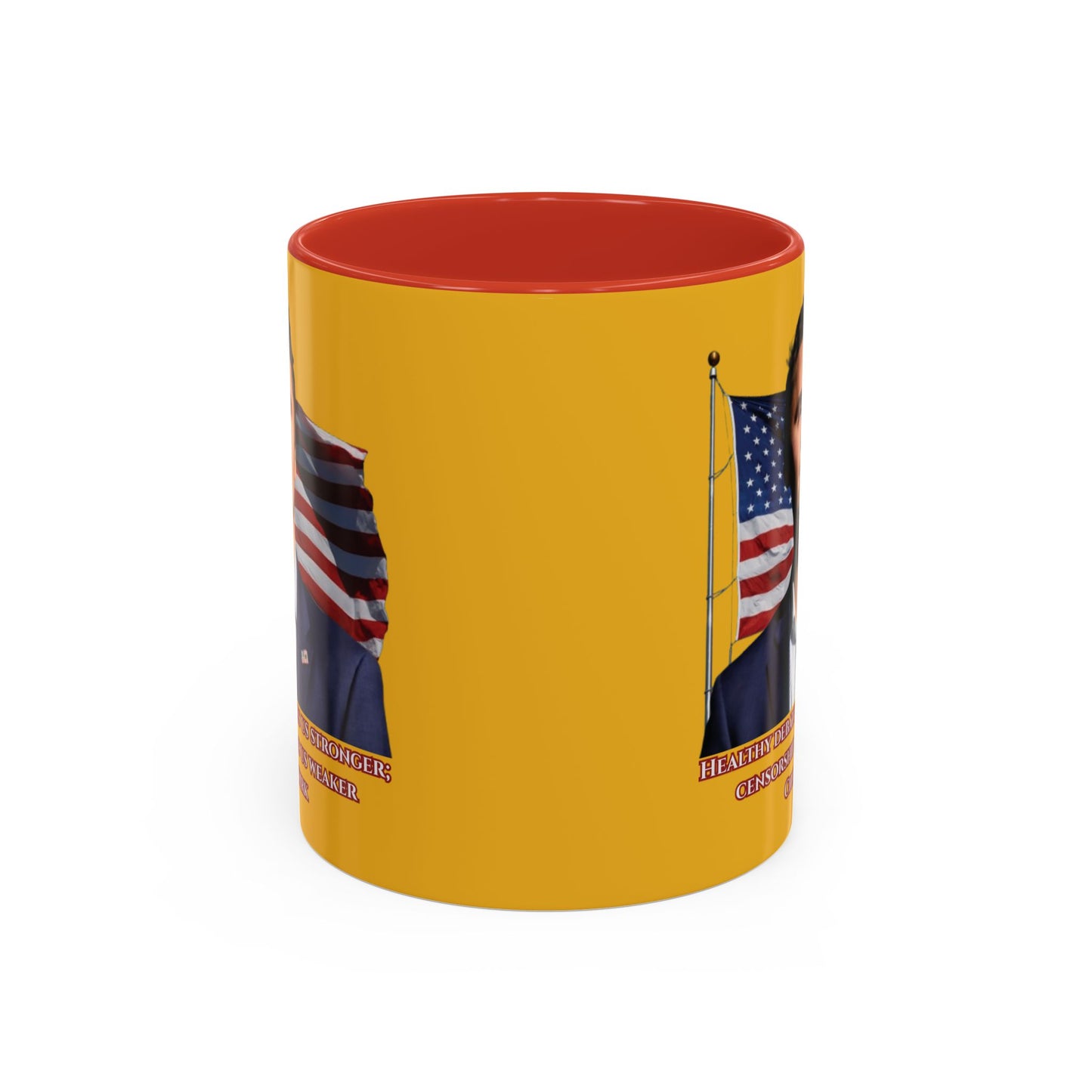 Charlie Kirk, Healthy Debate Yellow Accent Mug by theGreenDragonTavern.shop
