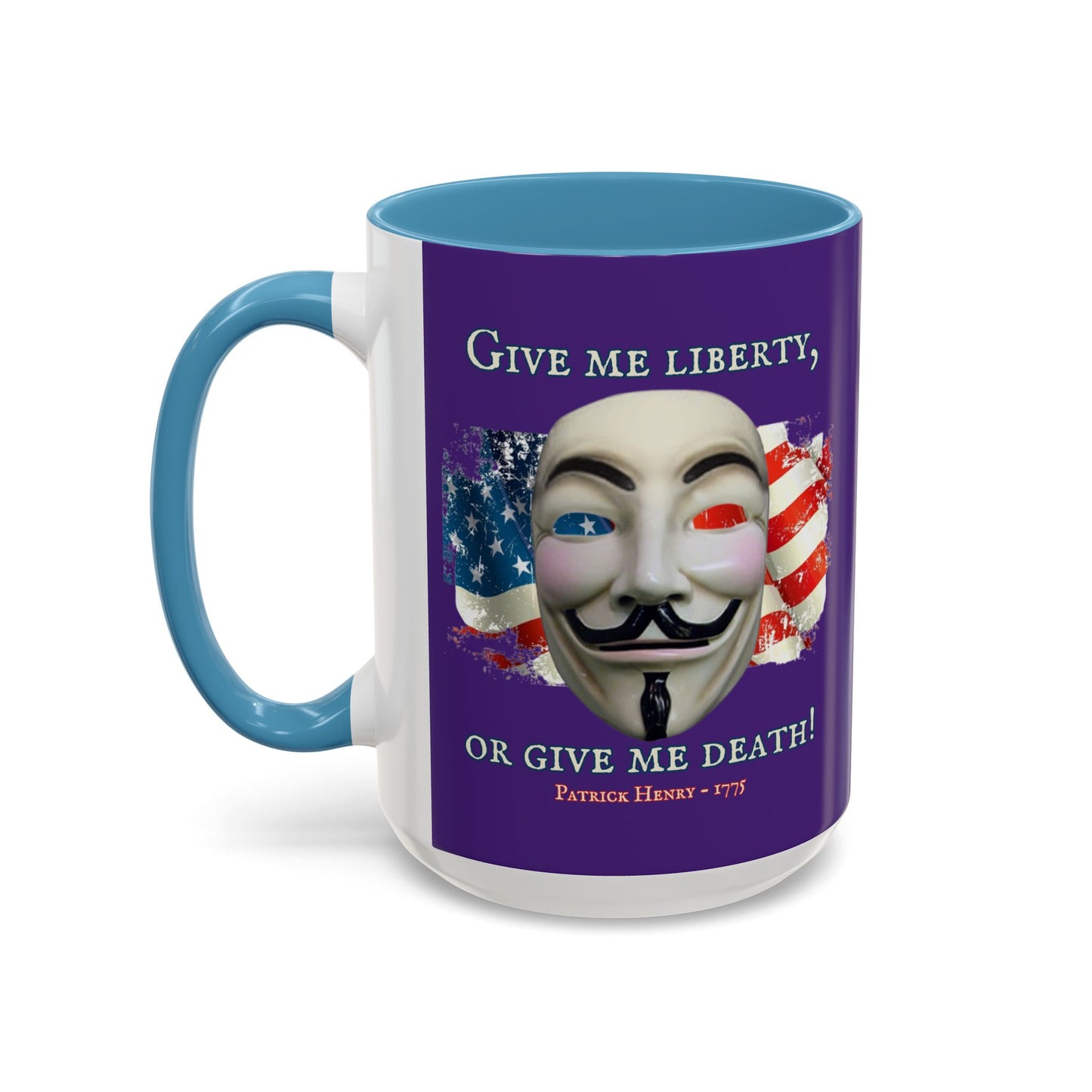 Vendetta, "Give me liberty, or give me death!" Purple Accent Mug by theGreenDragonTavern.shop