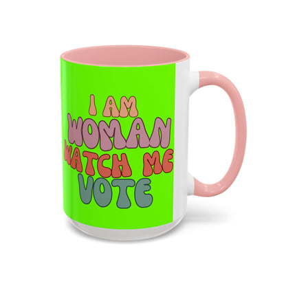 I Am Woman Watch Me Vote Light Green Accent Mug by theGreenDragonTavern.shop