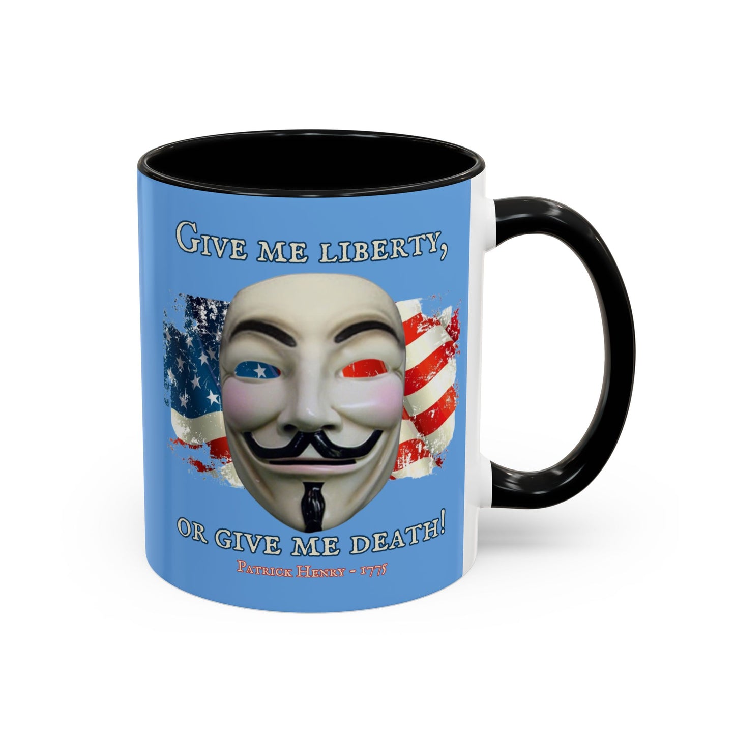 Vendetta, "Give me liberty, or give me death!" Blue Accent Mug by theGreenDragonTavern.shop