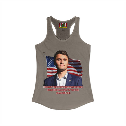 Charlie Kirk, Healthy Debate Women's Racerback Tank Top by theGreenDragonTavern.shop