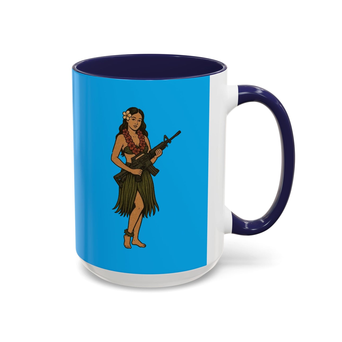 Hula Girl Packin' Heat Light Blue Accent Mug by theGreenDragonTavern.shop