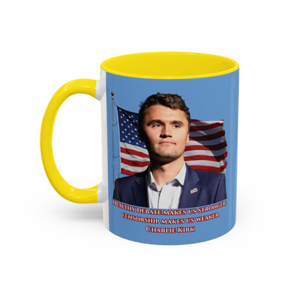 Charlie Kirk, Healthy Debate Light Blue Accent Mug by theGreenDragonTavern.shop