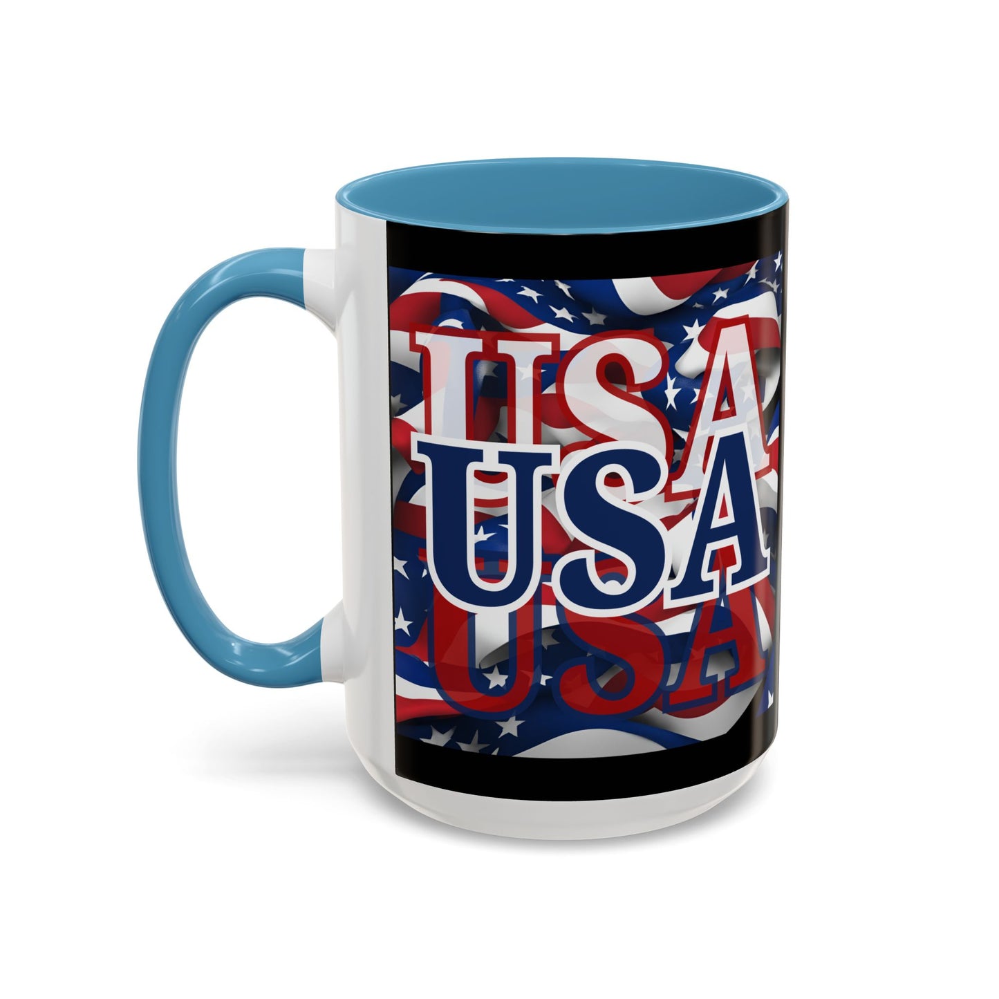 USA Blue font Center Patriot Black Accent Mug by theGreenDragonTavern.shop