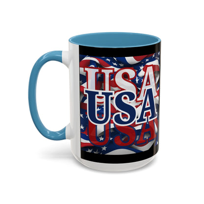USA Blue font Center Patriot Black Accent Mug by theGreenDragonTavern.shop