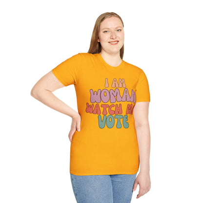 I Am Woman Watch Me Vote Light colors Unisex T-Shirt by theGreenDragonTavern.shop
