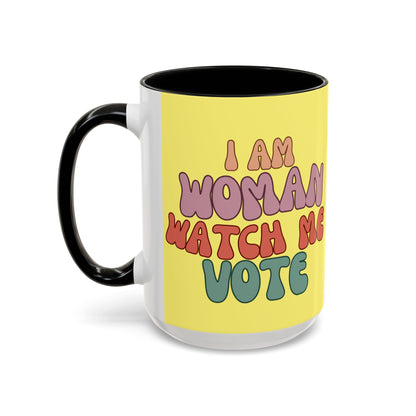 I Am Woman Watch Me Vote Yellow Accent Mug by theGreenDragonTavern.shop