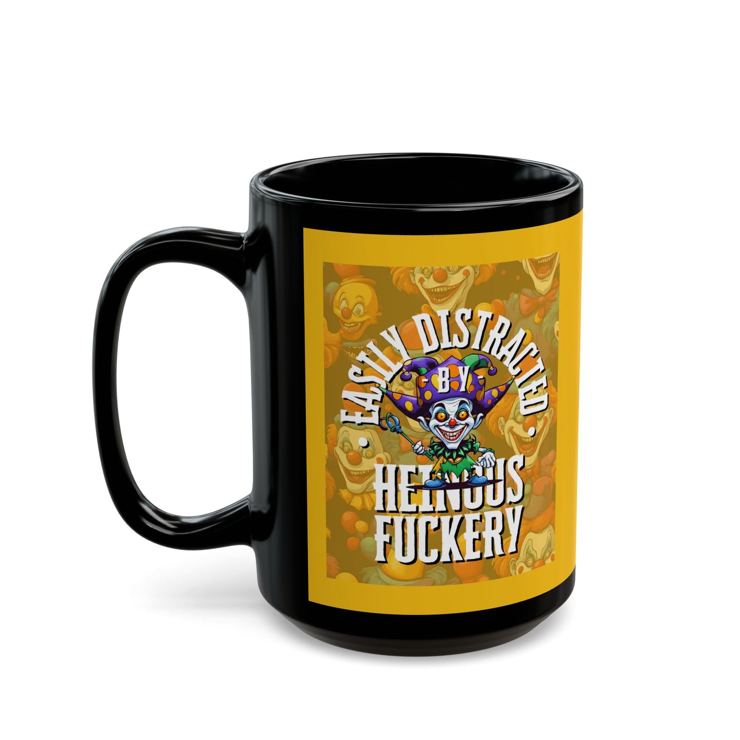 Easily Distracted by Heinous Fuckery Little Jincs Yellow Mug by theGreenDragonTavern.shop