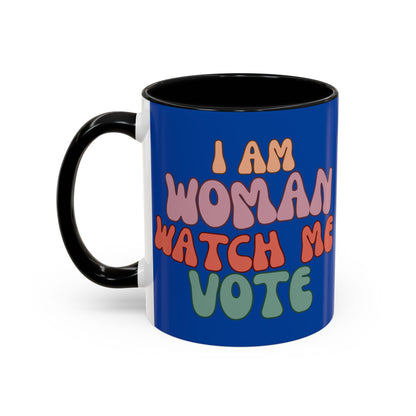 I Am Woman Watch Me Vote Dark Blue Accent Mug by theGreenDragonTavern.shop