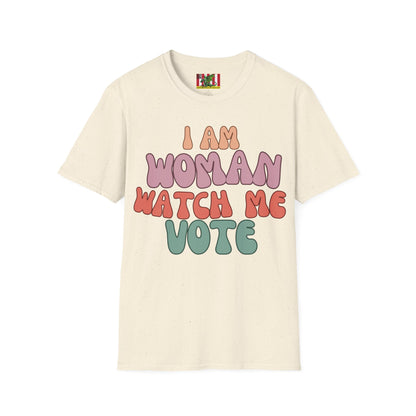 2-sided, I Am Woman Watch Me Vote Light colors Unisex T-Shirt by theGreenDragonTavern.shop