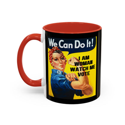 I Am Woman Watch Me Vote Rosie Black Accent Mug by theGreenDragonTavern.shop