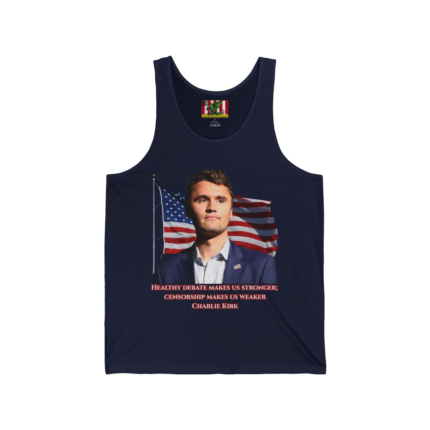 Charlie Kirk, Healthy Debate Unisex Jersey Tank Top by theGreenDragonTavern.shop