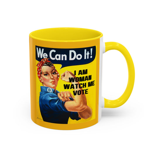 I Am Woman Watch Me Vote Rosie Yellow Accent Mug by theGreenDragonTavern.shop