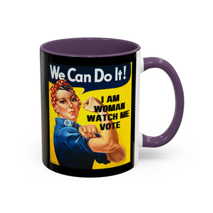 I Am Woman Watch Me Vote Rosie Black Accent Mug by theGreenDragonTavern.shop