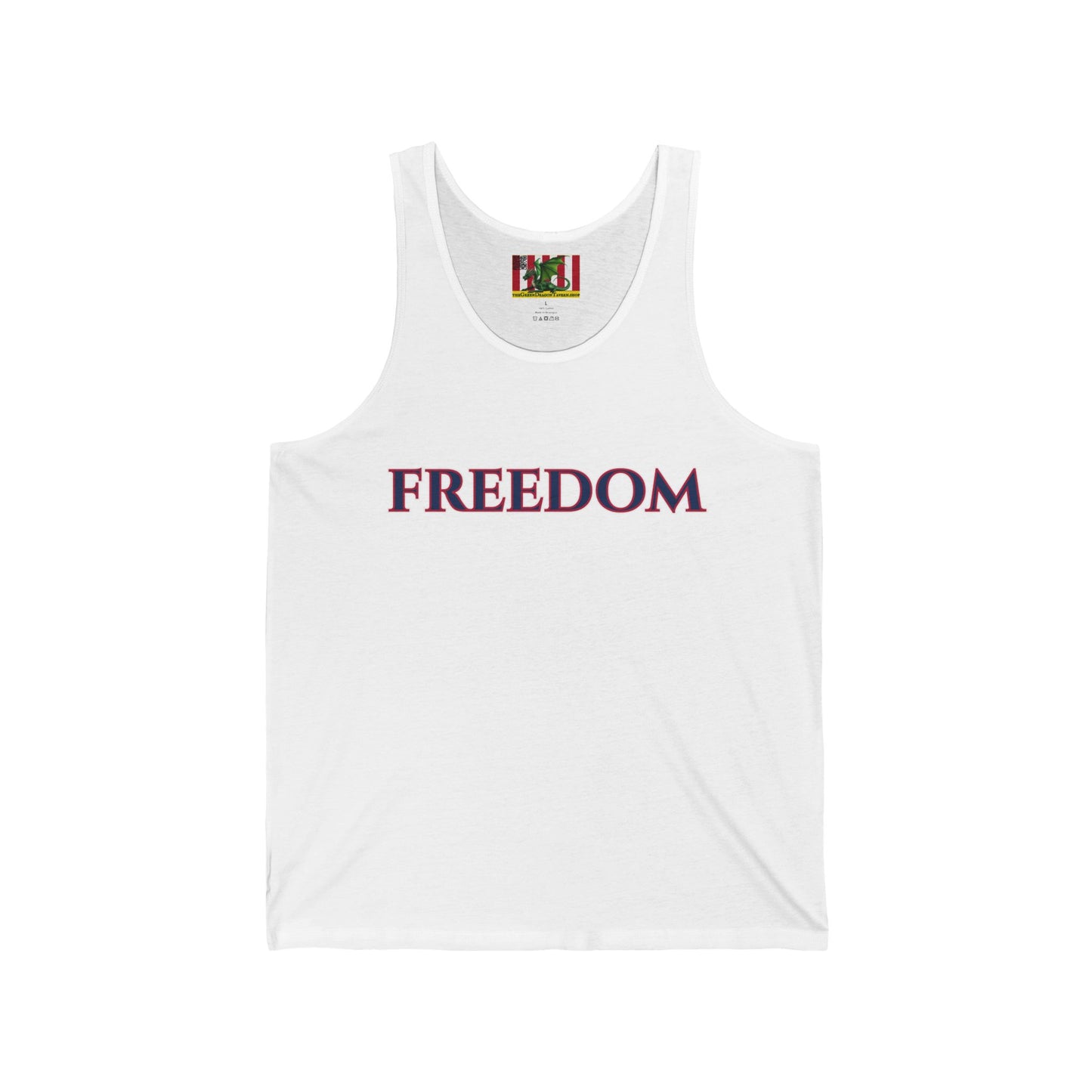 Freedom, Blue font Unisex Jersey Tank Top by theGreenDragonTavern.shop