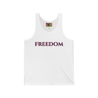 Freedom, Blue font Unisex Jersey Tank Top by theGreenDragonTavern.shop