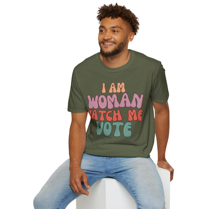 2-sided, I Am Woman Watch Me Vote Dark colors Unisex T-Shirt by theGreenDragonTavern.shop