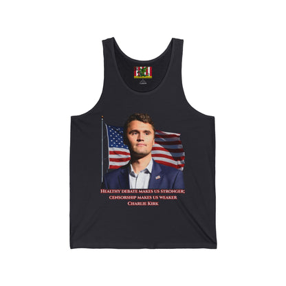 Charlie Kirk, Healthy Debate Unisex Jersey Tank Top by theGreenDragonTavern.shop