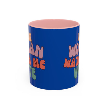 I Am Woman Watch Me Vote Dark Blue Accent Mug by theGreenDragonTavern.shop
