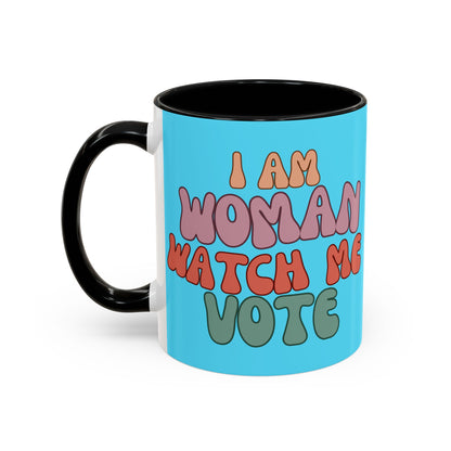 I Am Woman Watch Me Vote Light Blue Accent Mug by theGreenDragonTavern.shop