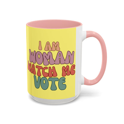I Am Woman Watch Me Vote Yellow Accent Mug by theGreenDragonTavern.shop