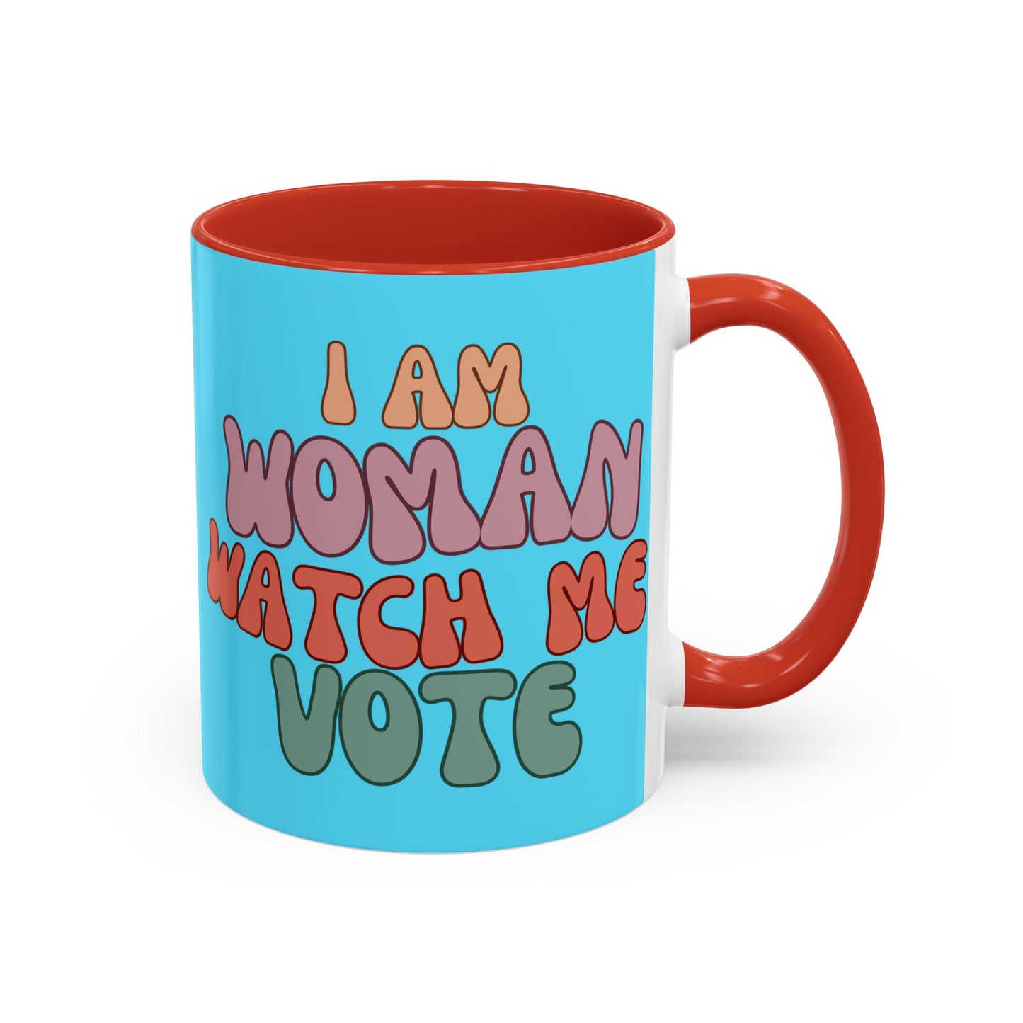 I Am Woman Watch Me Vote Light Blue Accent Mug by theGreenDragonTavern.shop