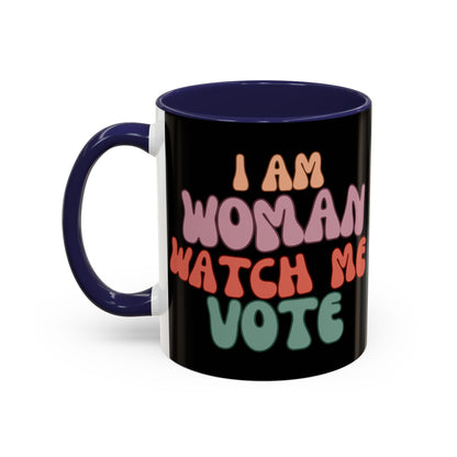 I Am Woman Watch Me Vote Black Accent Mug by theGreenDragonTavern.shop