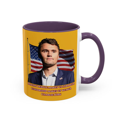 Charlie Kirk, Healthy Debate Yellow Accent Mug by theGreenDragonTavern.shop