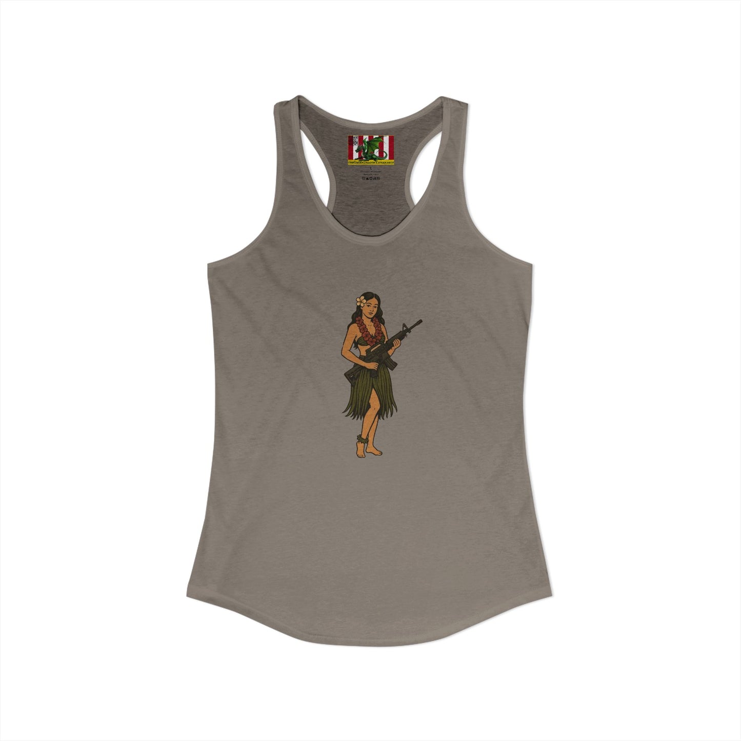 Hula Girl Packin' Heat Women's Racerback Tank Top by theGreenDragonTavern.shop
