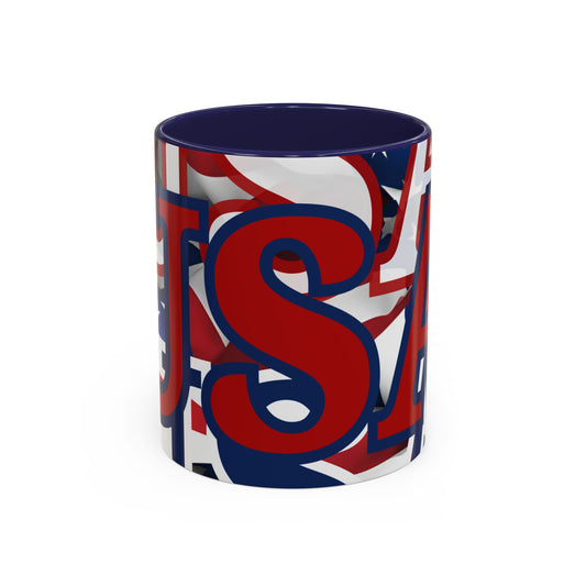 USA! USA! USA Red font Patriot Blue Accent Mug by theGreenDragonTavern.shop