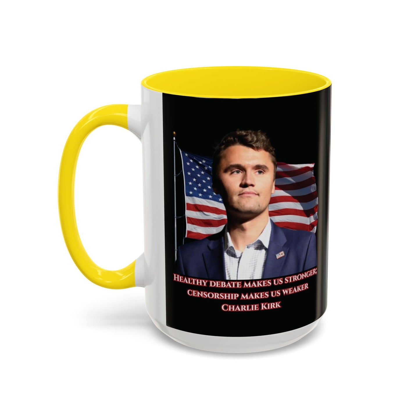 Charlie Kirk, Healthy Debate Black Accent Mug by theGreenDragonTavern.shop