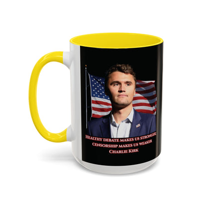 Charlie Kirk, Healthy Debate Black Accent Mug by theGreenDragonTavern.shop