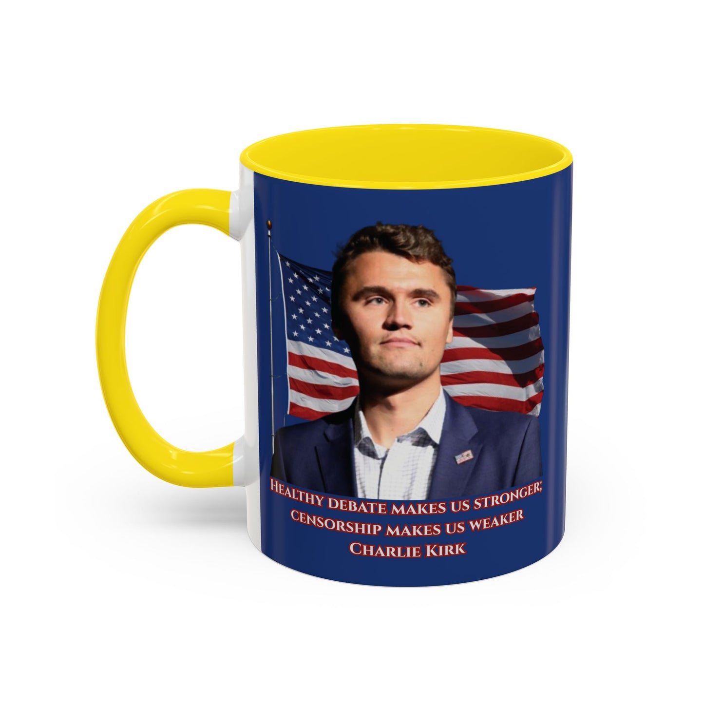 Charlie Kirk, Healthy Debate Blue Accent Mug by theGreenDragonTavern.shop