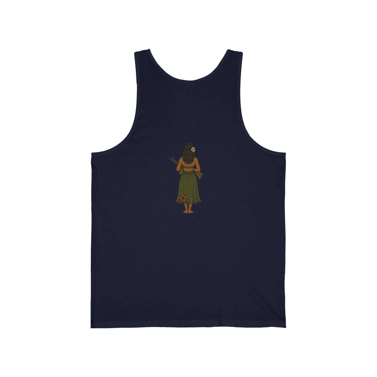 2-sided, Hula Girl Packin' Heat Unisex Jersey Tank Top by theGreenDragonTavern.shop
