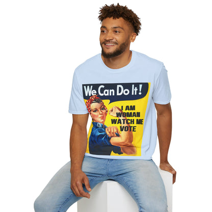 I Am Woman Watch Me Vote Rosie Light colors Unisex T-Shirt by theGreenDragonTavern.shop