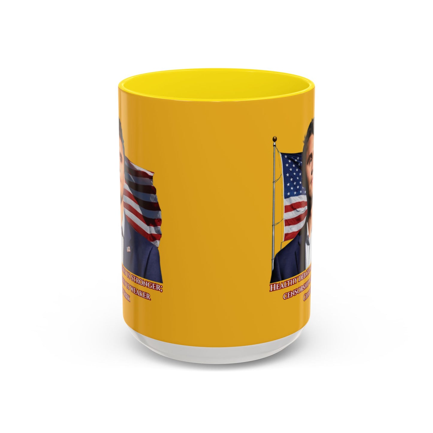 Charlie Kirk, Healthy Debate Yellow Accent Mug by theGreenDragonTavern.shop