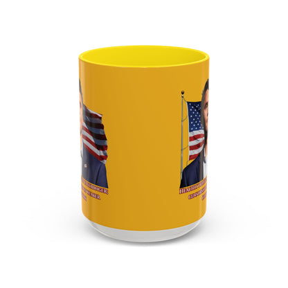 Charlie Kirk, Healthy Debate Yellow Accent Mug by theGreenDragonTavern.shop