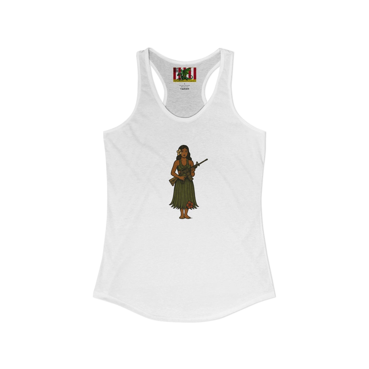 2-sided, Hula Girl Packin' Heat Women's Racerback Tank Top by theGreenDragonTavern.shop