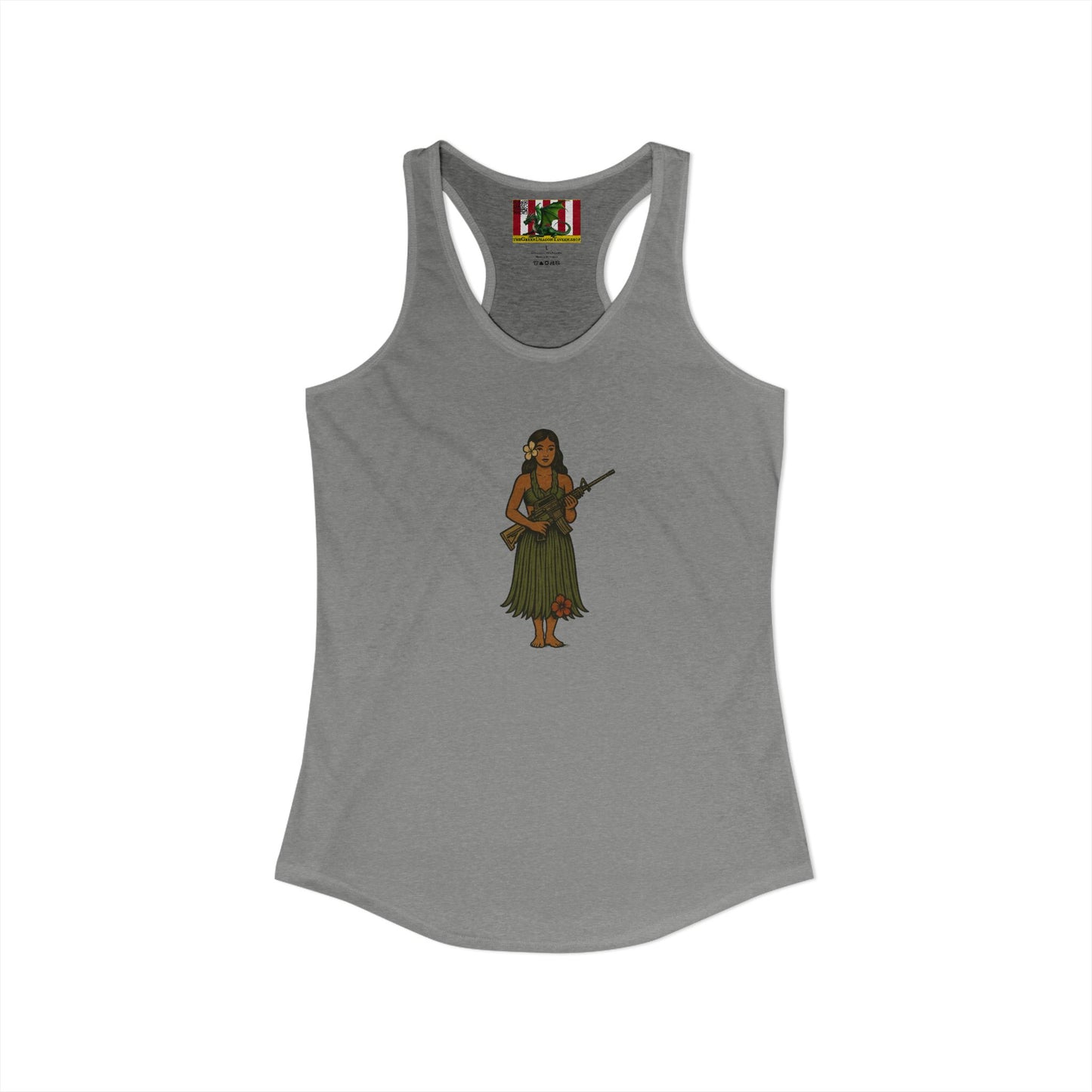 2-sided, Hula Girl Packin' Heat Women's Racerback Tank Top by theGreenDragonTavern.shop