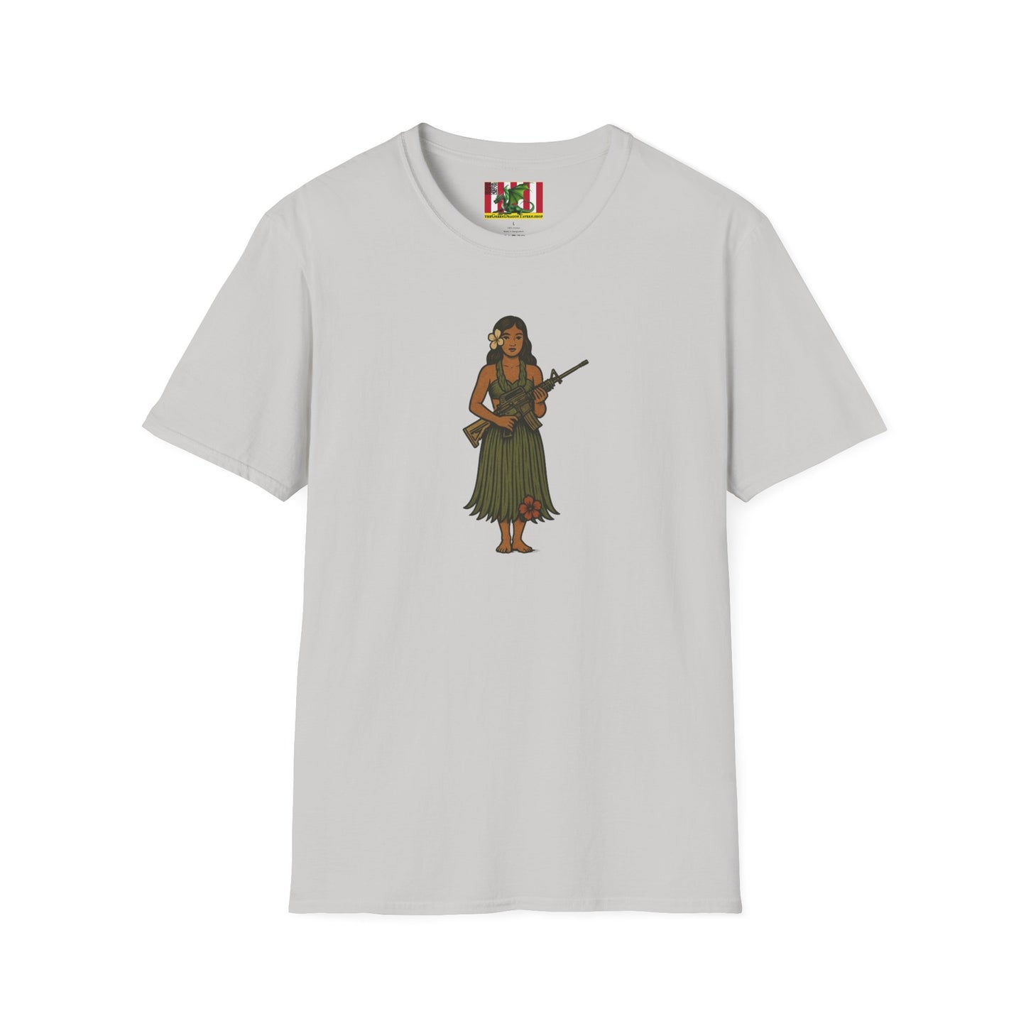 2-sided, Hula Girl Packin' Heat Light colors Unisex T-Shirt by theGreenDragonTavern.shop